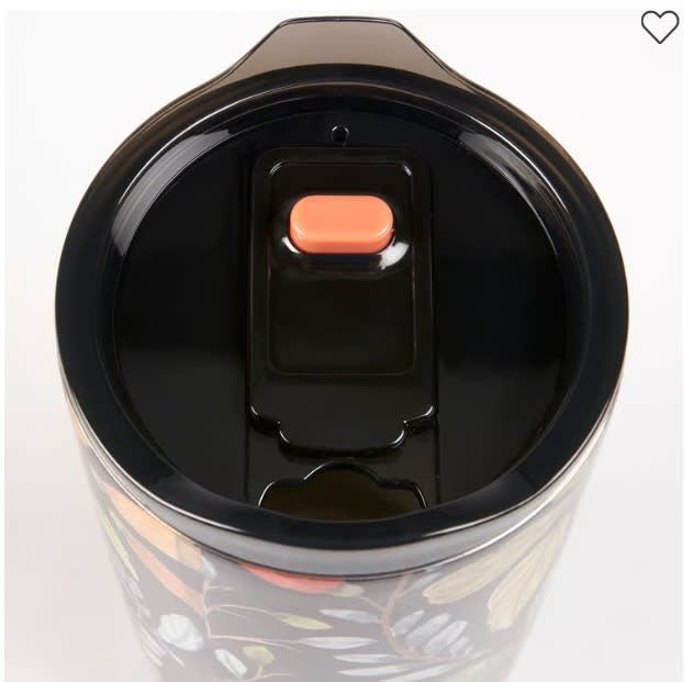 Black stainless steel tumbler with full wraparound watercolor pumpkins and fall florals on orange push-button lid.