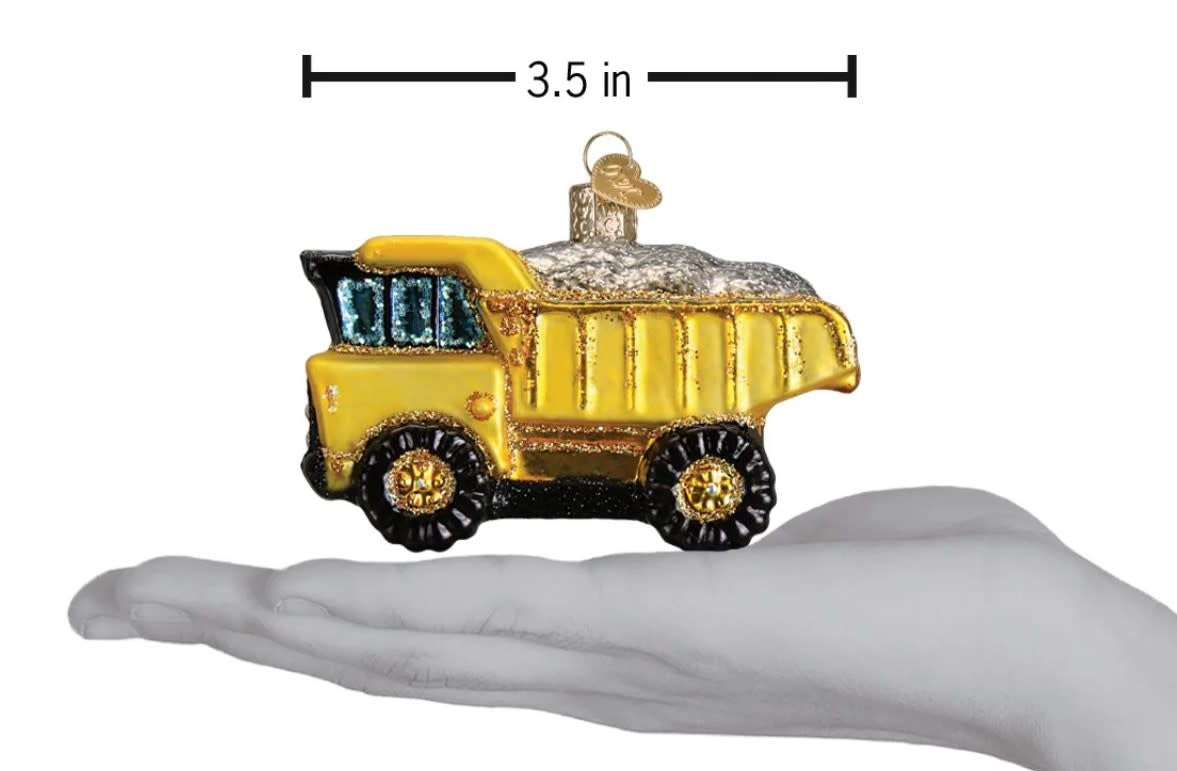 Toy dump truck ornament with black body, yellow cab, red wheels, and a raised bed.