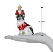 Holiday French Bulldog ornament in red with white accents on a gold stand.