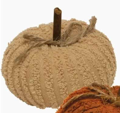 Mini chenille pumpkin in brown fabric with a jute bow stem on a flat base