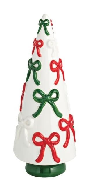 Small hand-painted stoneware ceramic tree with a delicate bow detail in neutral tones.