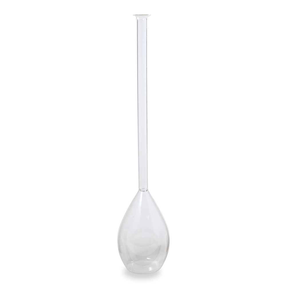 Clear glass teardrop vase with long skinny neck and petite beaker base