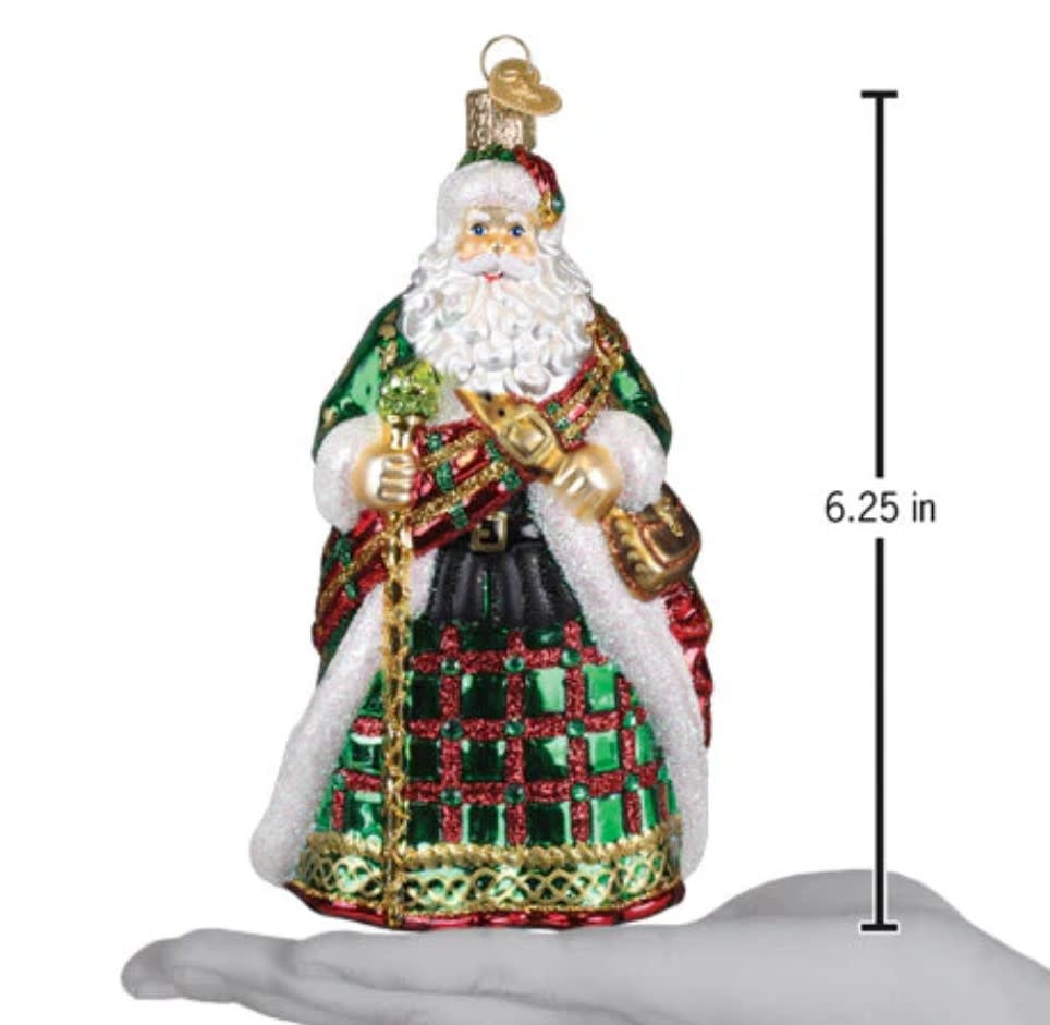 Hand-crafted Irish Father Christmas ornament with red suit, white beard, green hat, and gold accents.