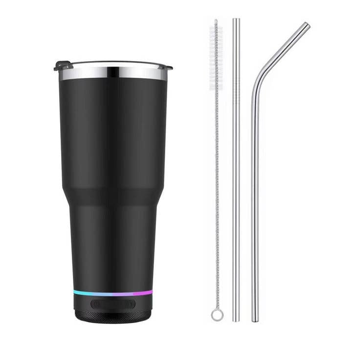 Stainless steel tumbler with detachable Bluetooth speaker; silver finish.