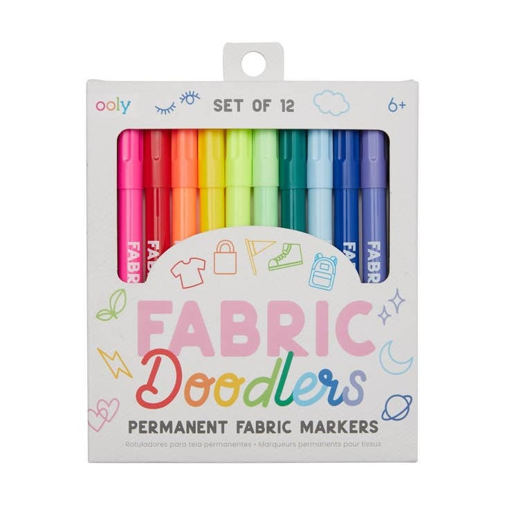 Set of twelve fabric doodler markers in assorted colors with black caps.