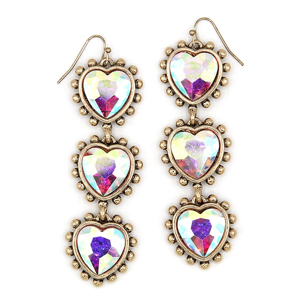 Antique gold AB dangle earrings featuring five cascading multi-colored crystal flowers in pink, yellow, purple, teal, and peach.