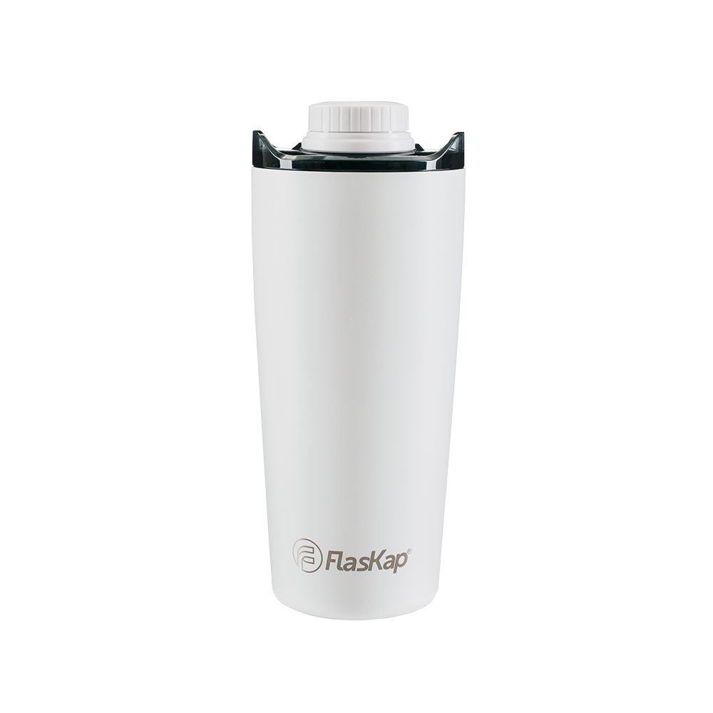 Volst 22 tumbler in straight-on view with black finish, double-wall insulation, and threaded bottle cap lid attached.