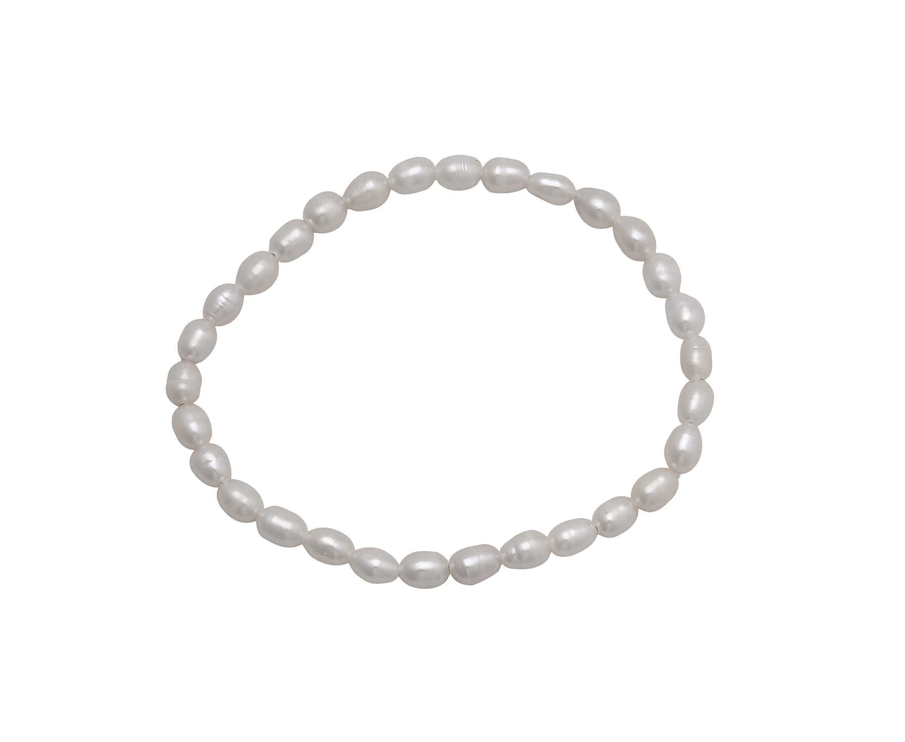 A roll-on bracelet made of small, white 4/5mm rice-shaped pearls arranged in a circular strand.