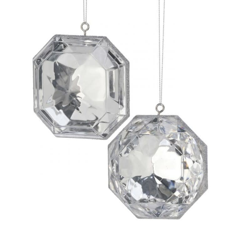 Two 4-inch clear acrylic precious gem ornaments with faceted surfaces and silver hanging loops.