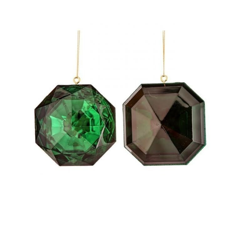 Two 4-inch emerald green acrylic ornaments with a faceted, multi-sided geometric gem design.