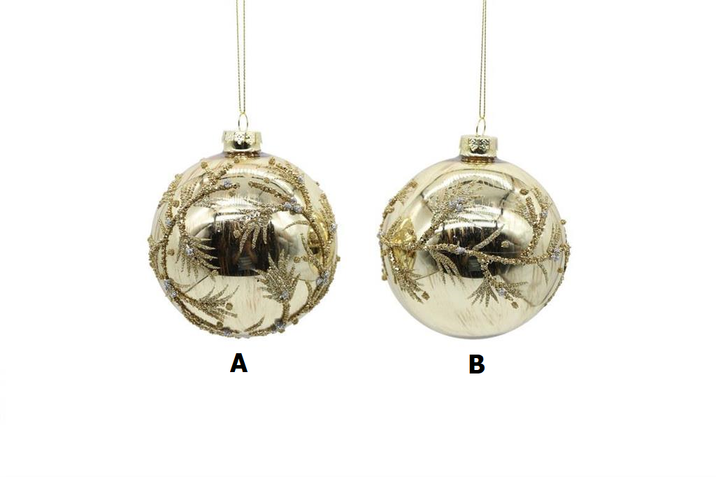 Two 4-inch gold glass ball ornaments featuring a decorative glittery branch pattern.