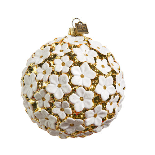 4-inch spherical glass Christmas ornament covered in white floral blossoms with gold centers.