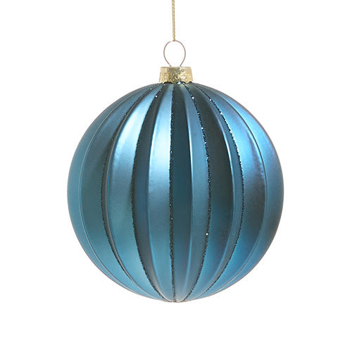4-inch dark blue glass ball ornament with a ribbed texture and glittered vertical stripes.
