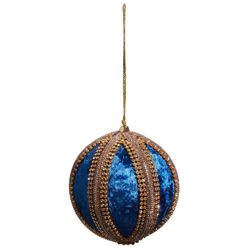 Blue velvet ball ornament with glass jewels measuring four inches