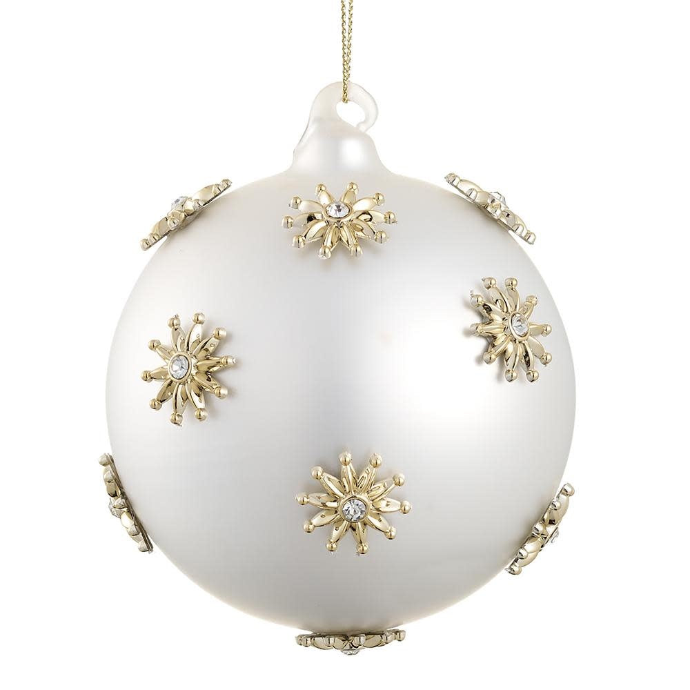 4-inch pearl glass ball ornament with gold star-shaped accents and embedded crystals.