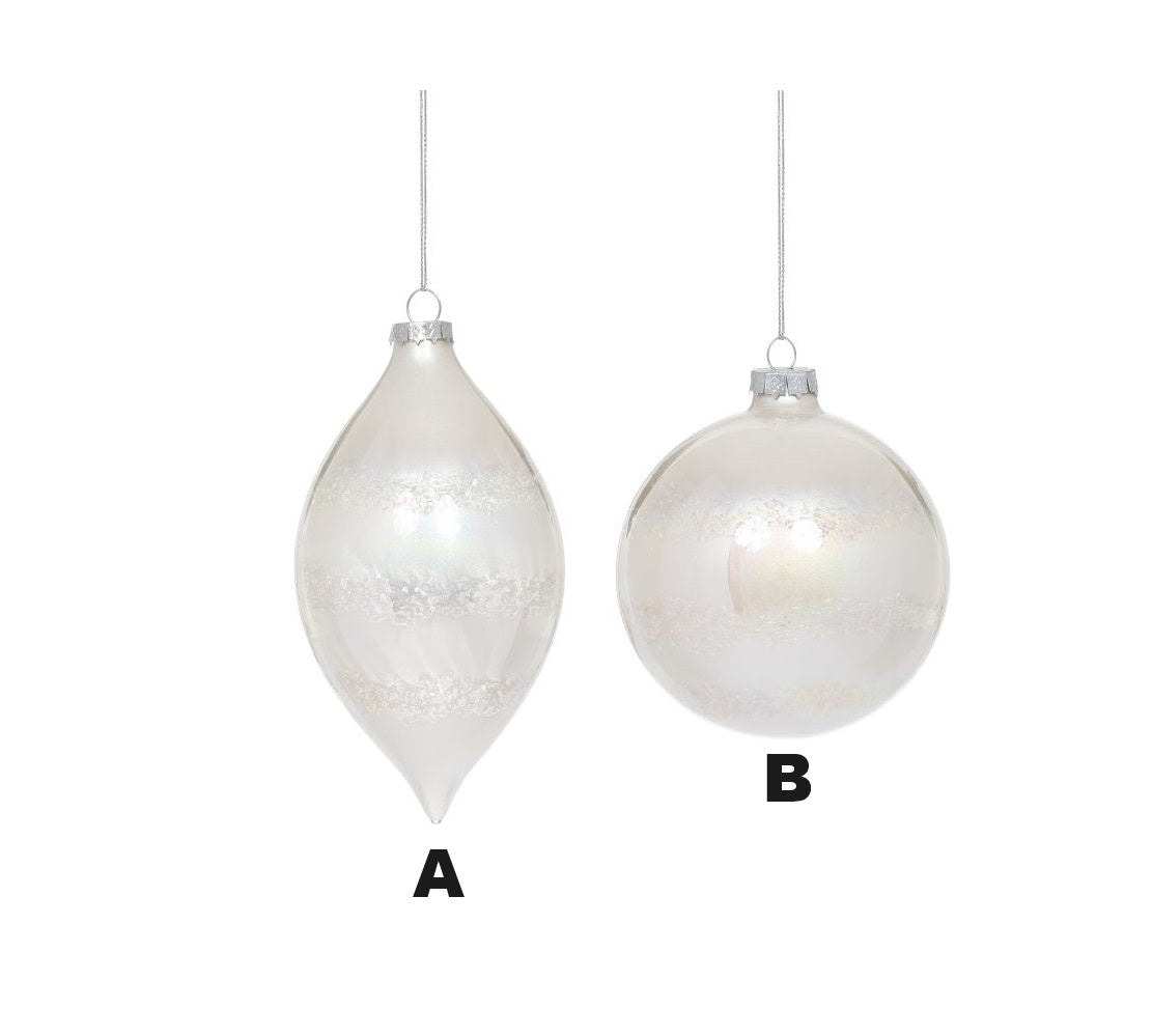Two 4-inch frosted glass Christmas ornaments, one teardrop-shaped and one spherical.