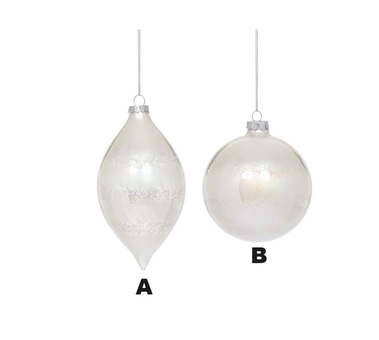 Two 4-inch frosted glass Christmas ornaments, one teardrop-shaped and one spherical.