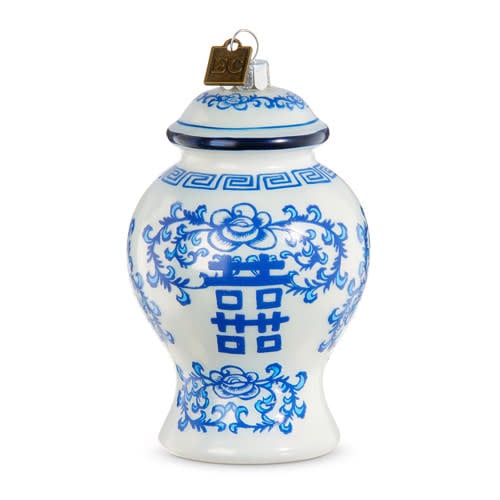 Blue and white glass ginger jar ornament with floral patterns and double happiness symbol.