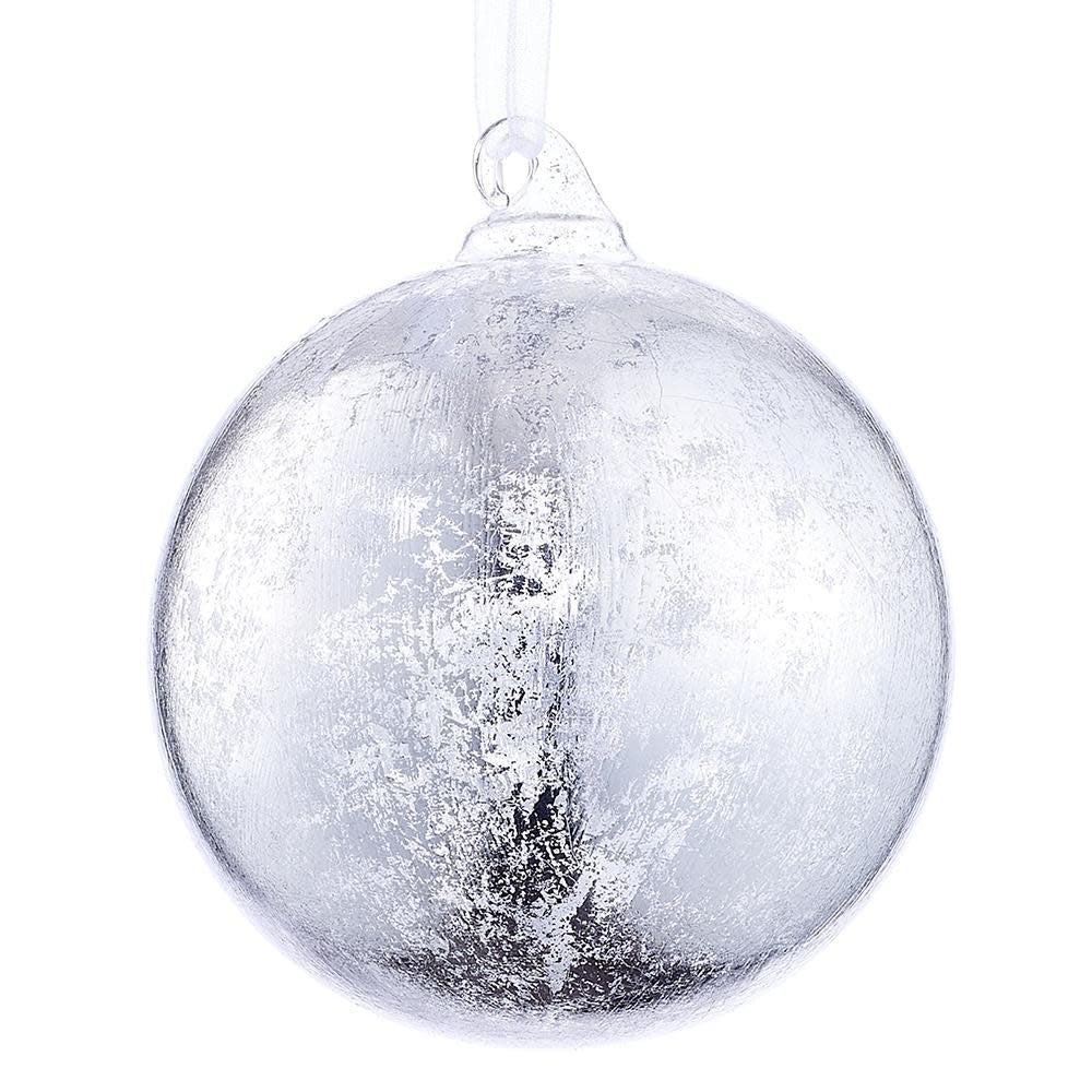 4-inch spherical glass Christmas ornament with a distressed, textured silver finish.