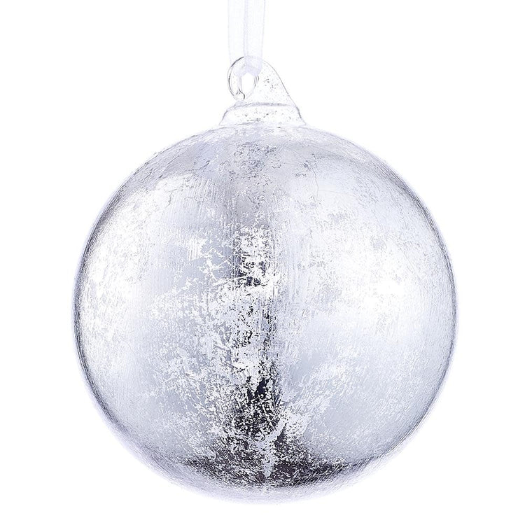 4-inch spherical glass Christmas ornament with a distressed, textured silver finish.