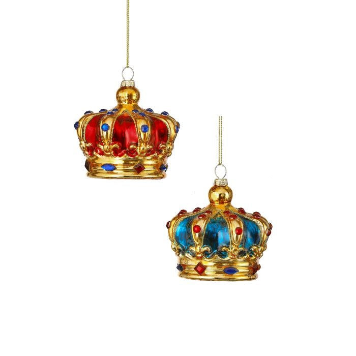Two 4-inch glass crown ornaments, one red and one blue, featuring gold trim and jewel accents.