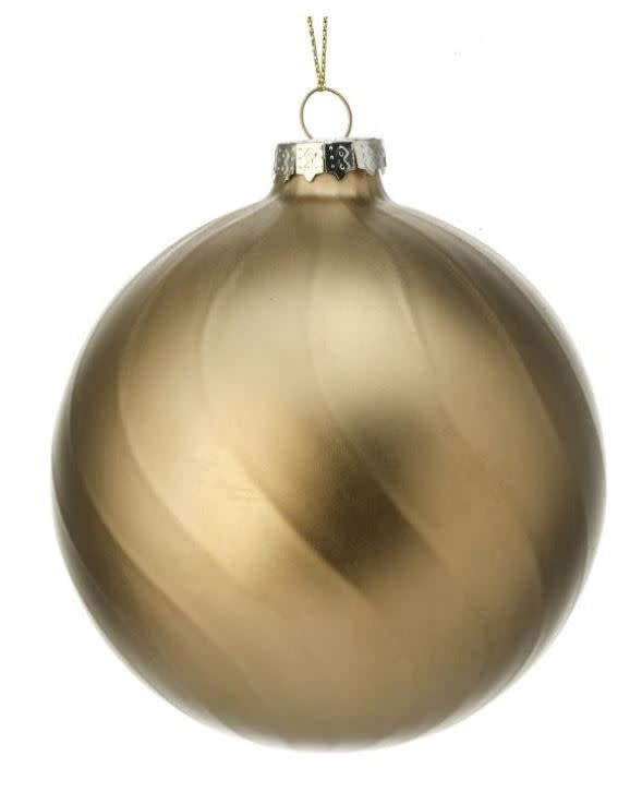 4-inch spherical glass Christmas ornament in matte gold with a subtle spiral texture.