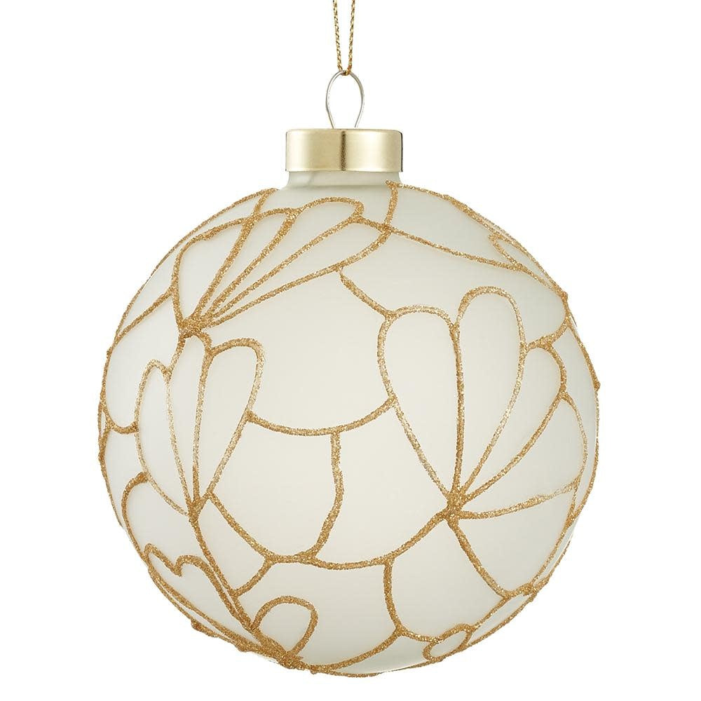 Frosted glass ball ornament with a gold glittered Tiffany lamp pattern and gold cap.