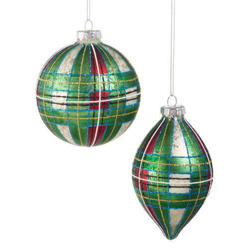 Two glass Christmas ornaments in green tartan plaid with red, white, and gold accents.