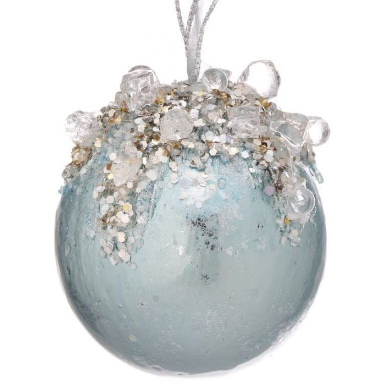 4-inch aqua glass ball ornament decorated with silver glitter and clear crystal jewels.