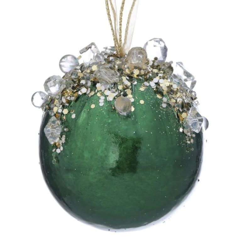 4-inch emerald green ball ornament decorated with clear jewels and gold glitter at the top.