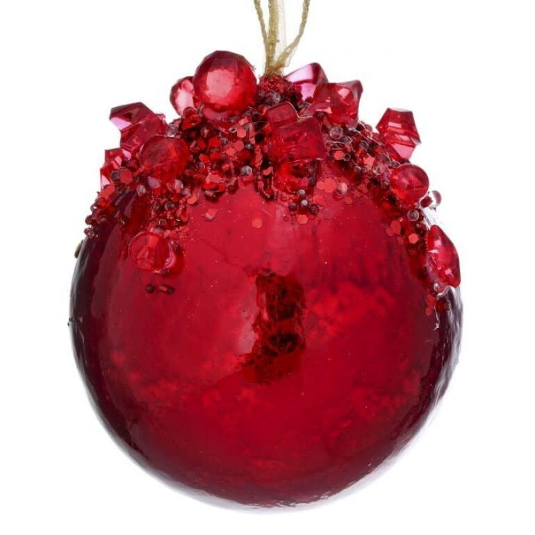 4-inch red glass ball ornament adorned with sparkling red jewels and glitter on the top half.