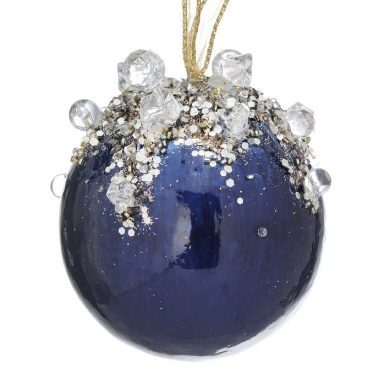 A 4-inch dark blue spherical Christmas ornament decorated with silver glitter and clear jewels.