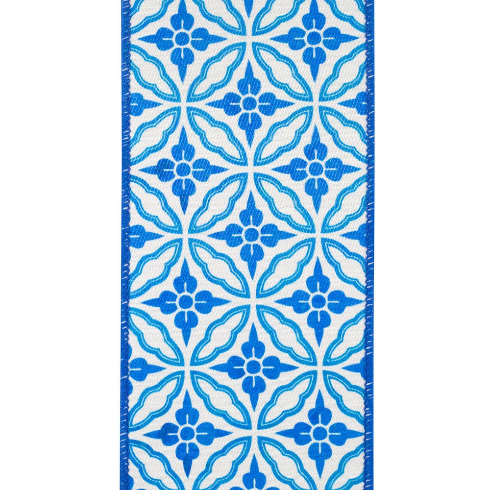 4-inch wide blue and white Chinoiserie patterned wired edge ribbon on a twill dupioni fabric.