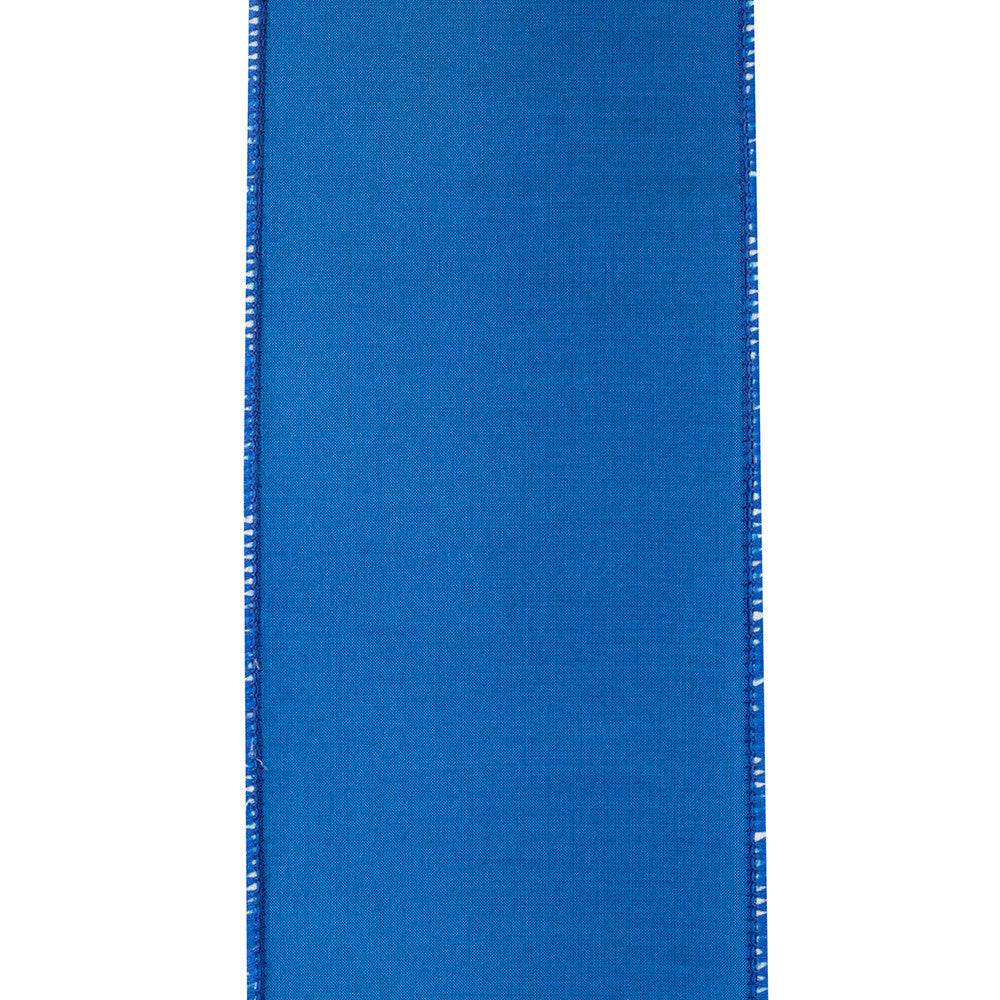 4-inch wide blue twill ribbon with a wired edge and dupioni texture.