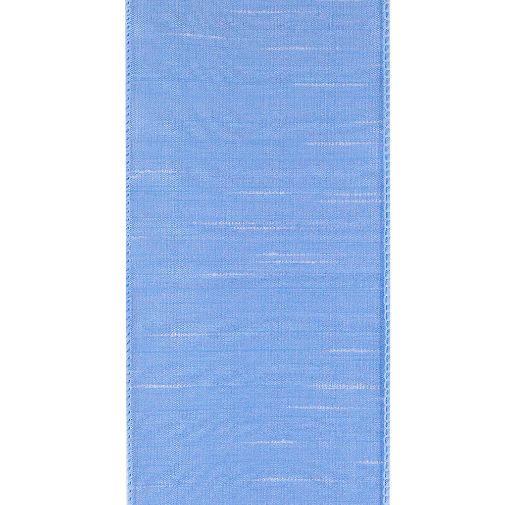 4-inch wide light blue Dupioni ribbon with a textured fabric finish and wired edges.