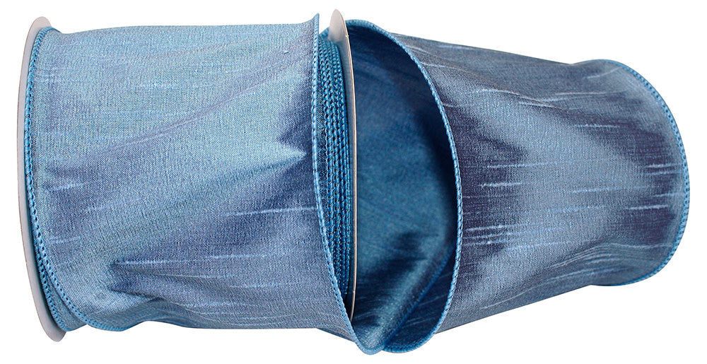 4-inch wide French Blue dupioni fabric ribbon with a wired edge on a spool.