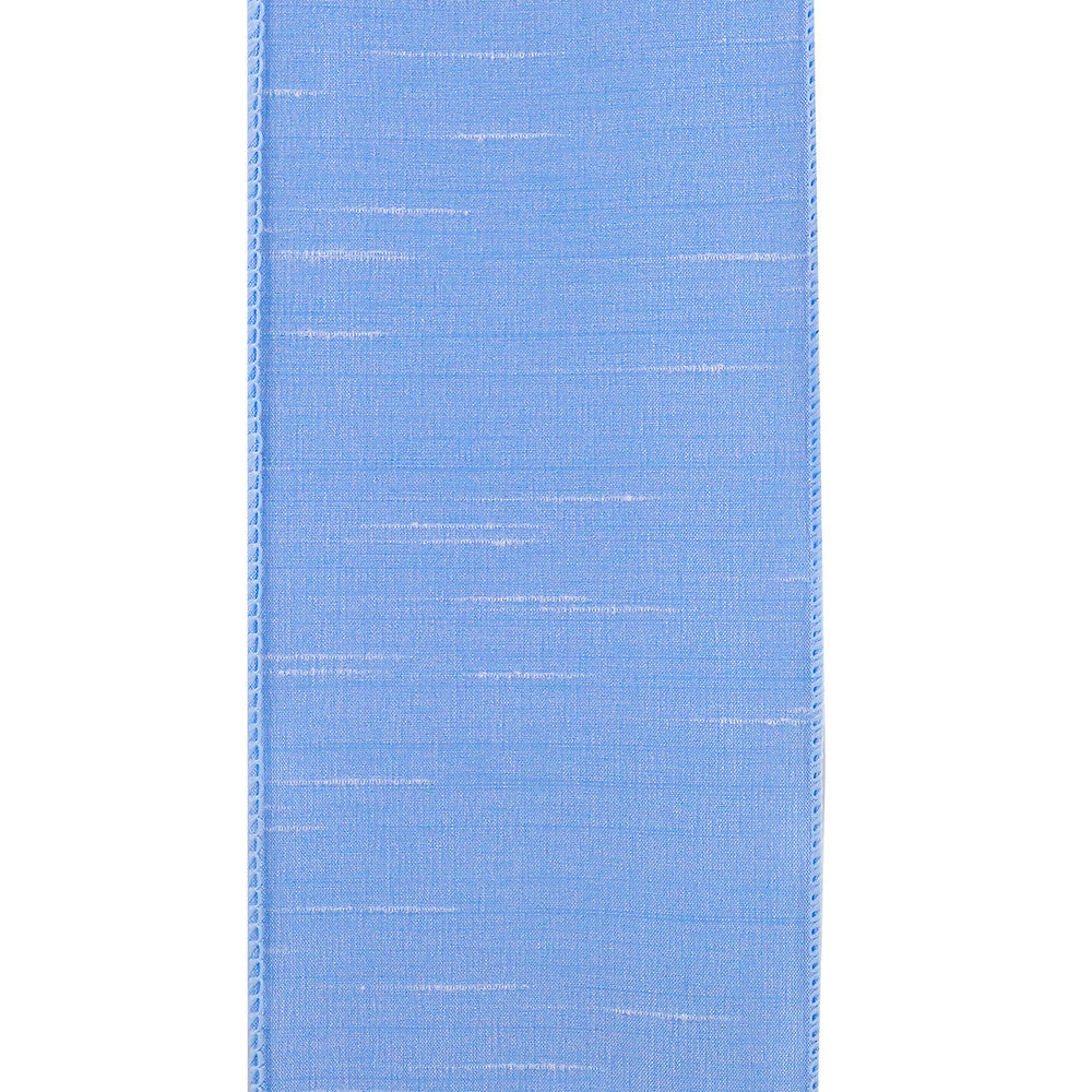4-inch wide light blue Dupioni ribbon with a textured fabric finish and wired edges.