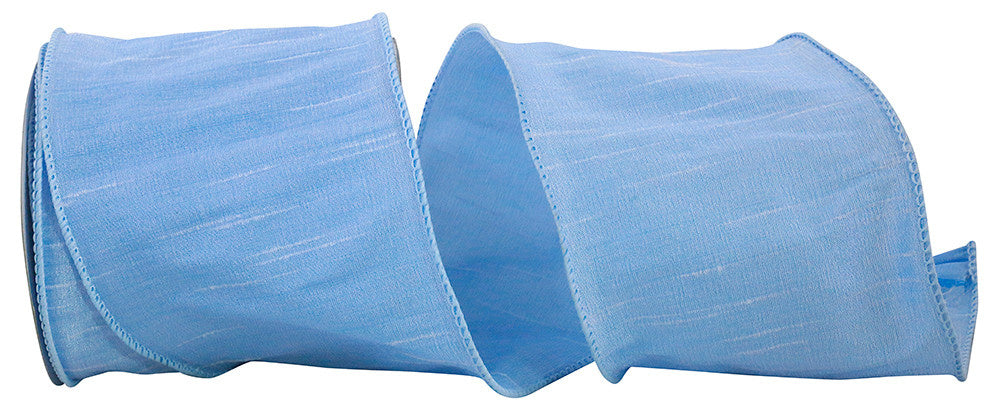 4-inch wide light blue Dupioni ribbon with a wired edge and textured fabric finish.