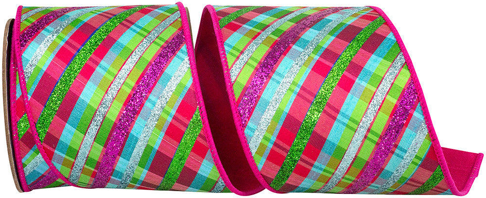 4-inch wide fuchsia-backed wired ribbon with a diagonal glittery plaid pattern in bright colors.