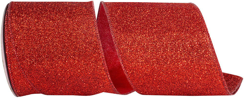 4-inch wide red metallic glitter ribbon with a wired edge for crafting and holiday decor.