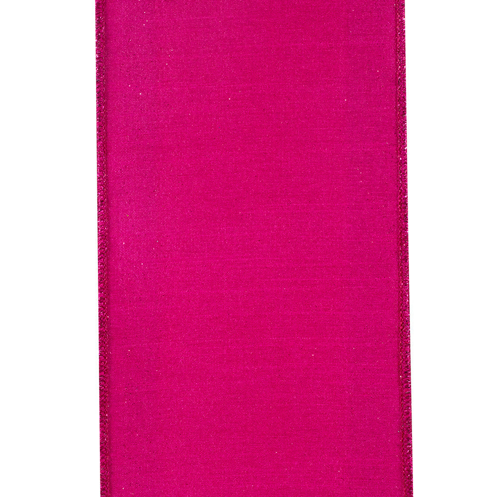 4-inch wide fuchsia dupioni ribbon with glitter-striped edges and a wired border.