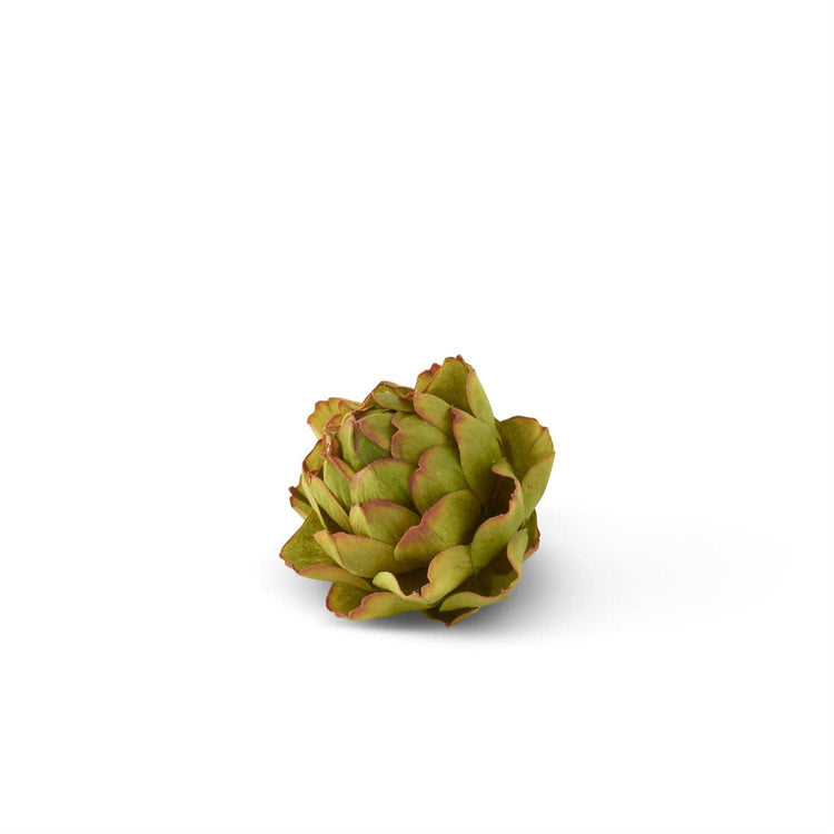 A 4-inch decorative polyester artichoke in shades of green with subtle reddish-brown edges.