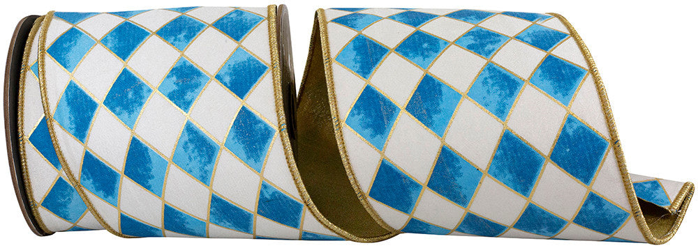 Cobalt blue and white harlequin diamond ribbon with metallic gold outlines and wired edges.
