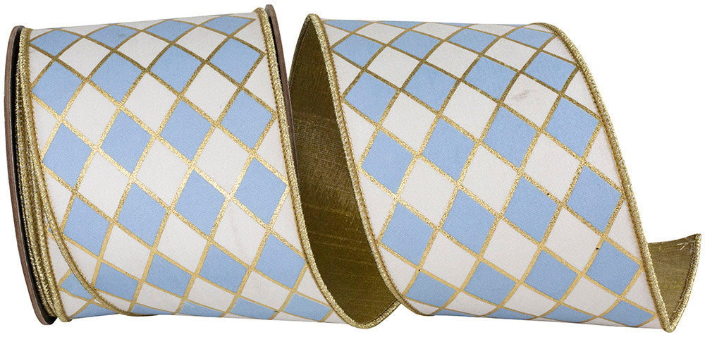 4-inch wide ribbon with a white and French blue harlequin diamond pattern and gold wired edges.