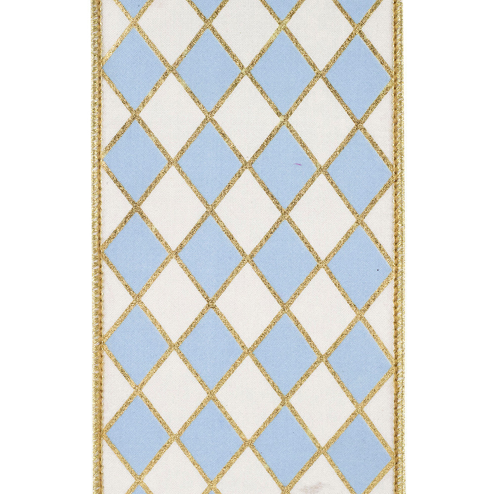 4-inch wide white ribbon with a French blue harlequin diamond pattern and gold gilded wired edges.