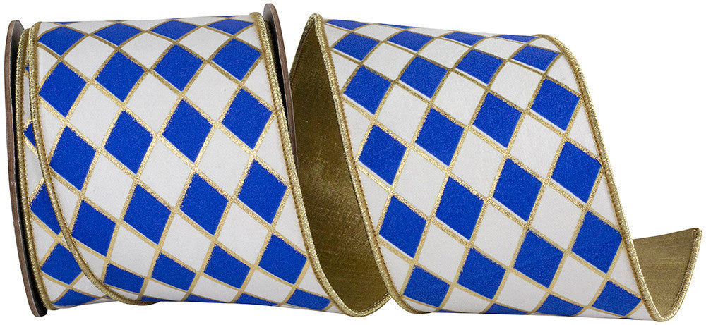 4-inch wide wired ribbon with a royal blue and white harlequin diamond pattern and gold outlines.
