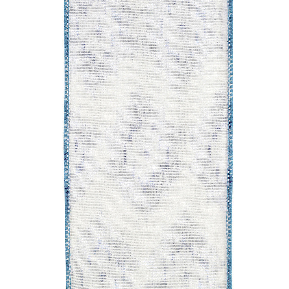 4-inch wide white canvas ribbon with a blue ikat pattern and a wired edge.