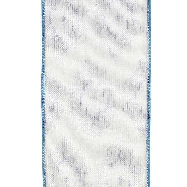 4-inch wide white canvas ribbon with a blue ikat pattern and a wired edge.