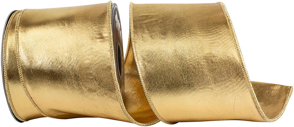4-inch wide gold metallic wired edge ribbon on a spool.
