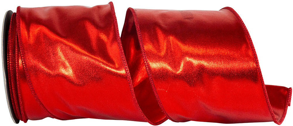 4-inch wide red metallic wired edge ribbon with a high-shine finish on both sides.